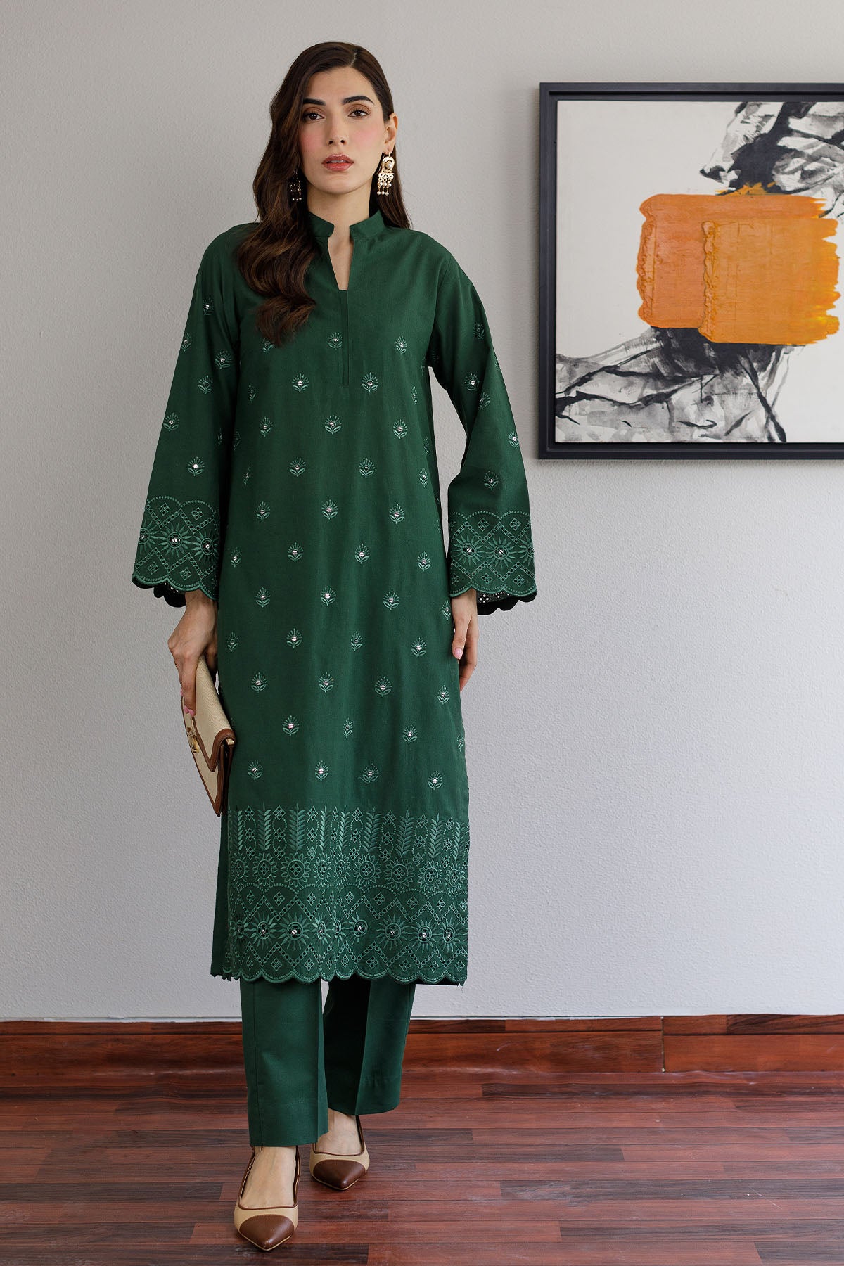 Bottle Green Schiffli Dress - Peach Republic