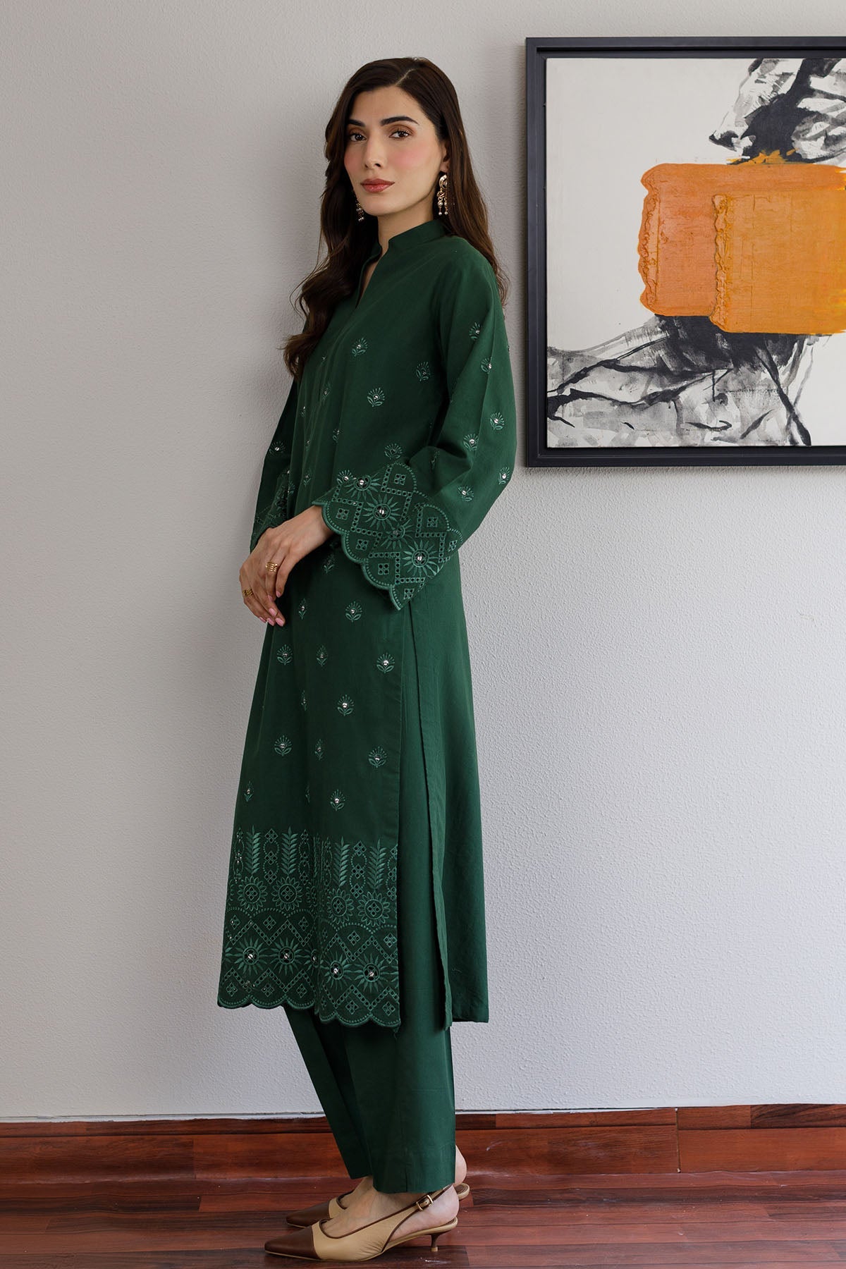 Bottle Green Schiffli Dress - Peach Republic