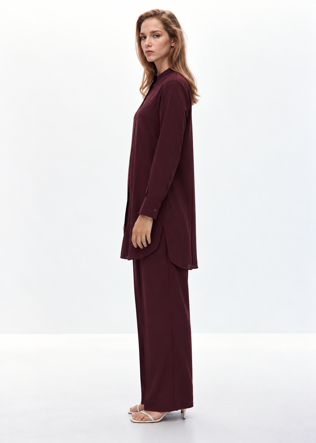 Burgundy Button-Down Co-ord side profile