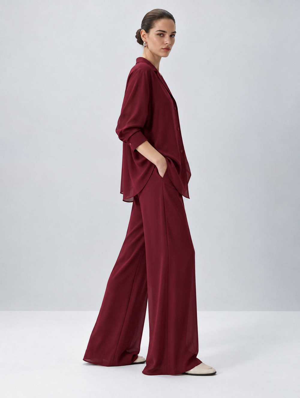Burgundy Flow Georgette Co-ord side view