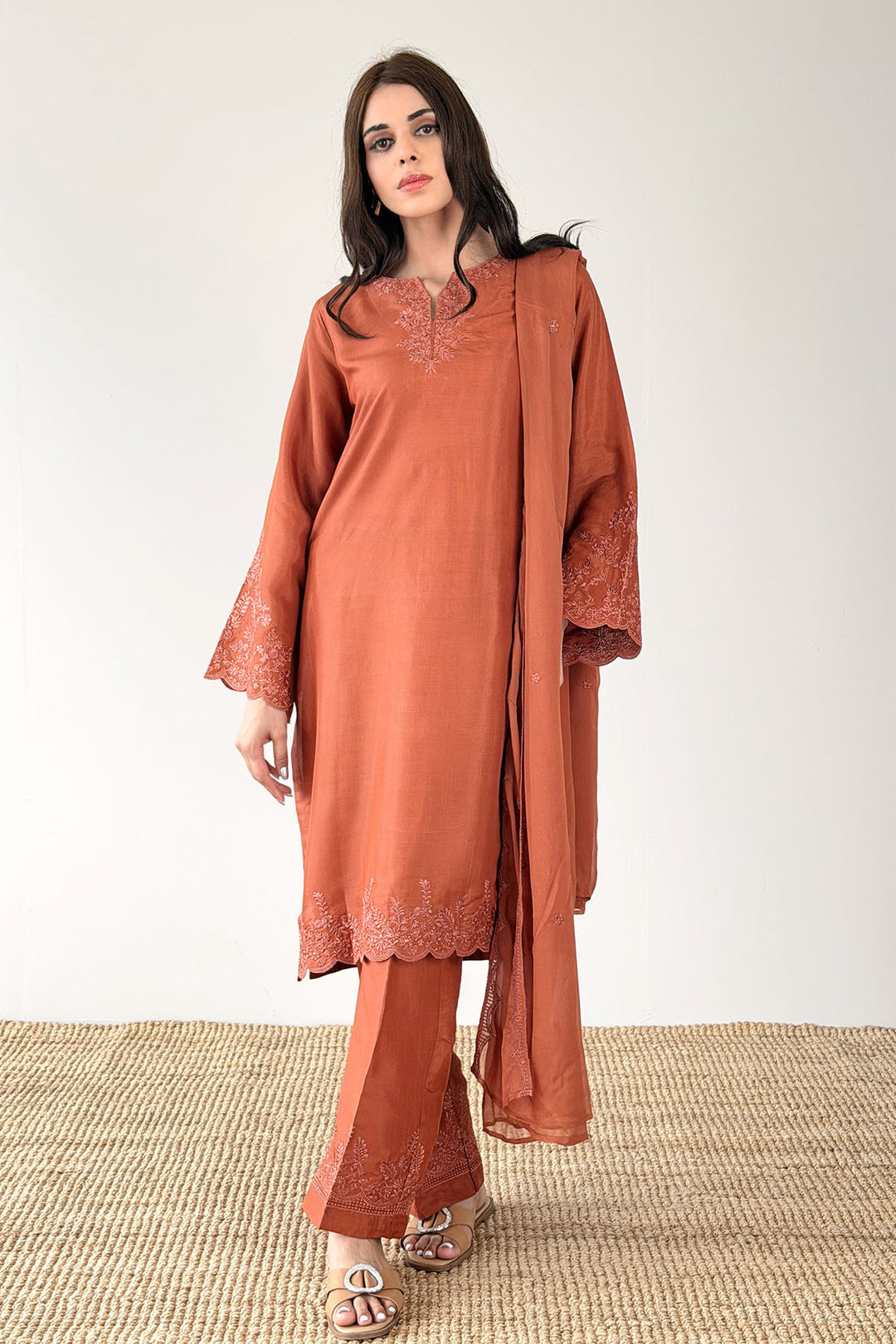 Burnt Orange Embroidered 3-Piece Set