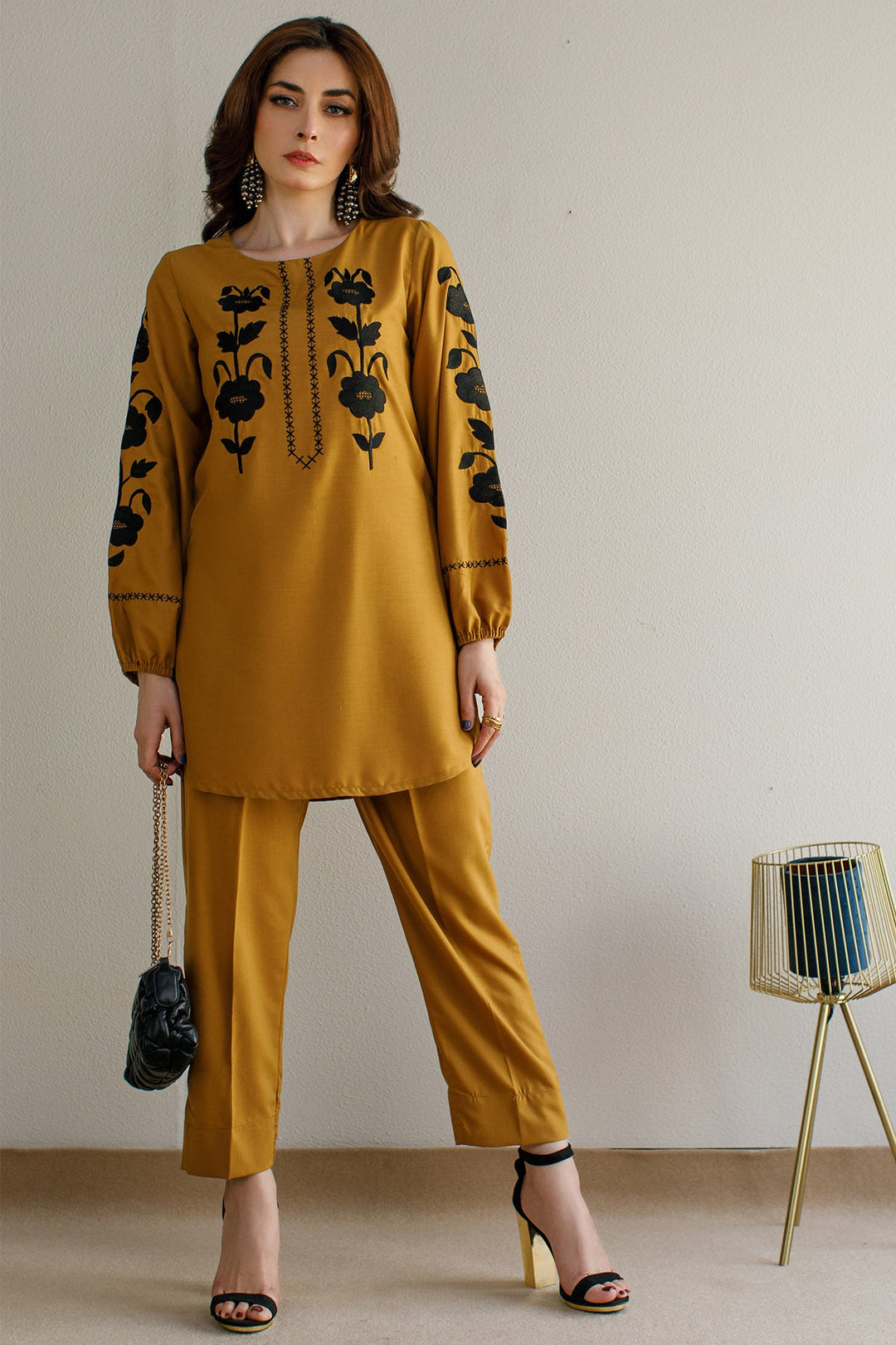 Caramel Embroidered Co Ord Set - Peach Republic