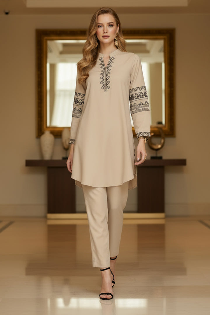 Beige Embroidered Co Ord Set