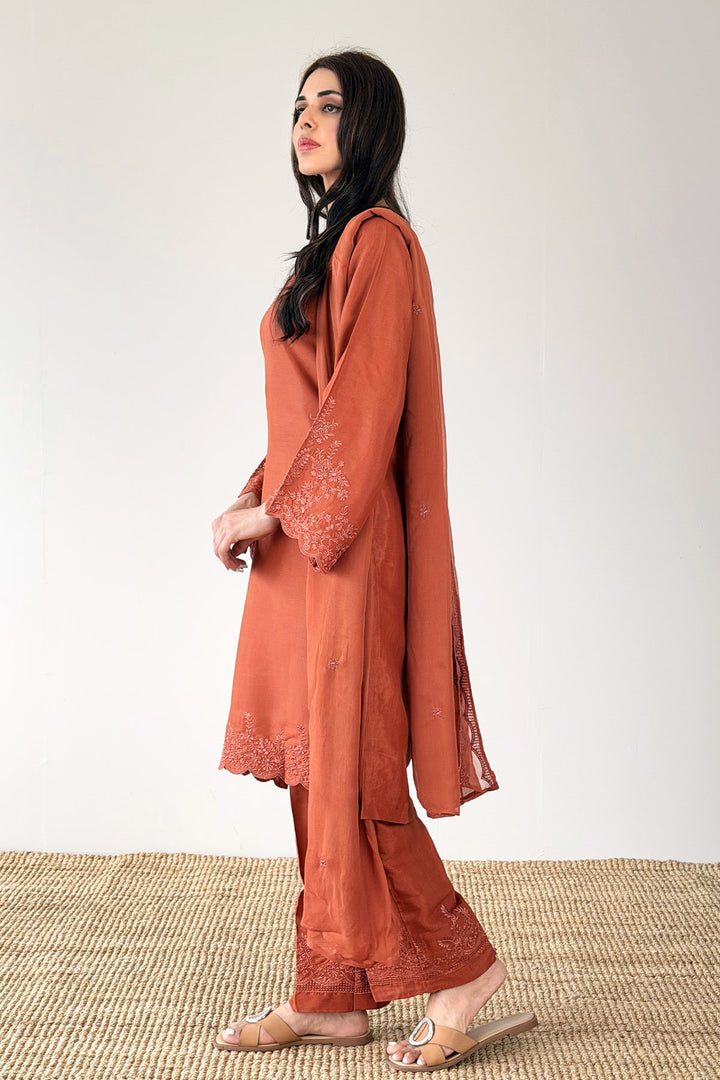 Burnt Orange Embroidered 3-Piece Set