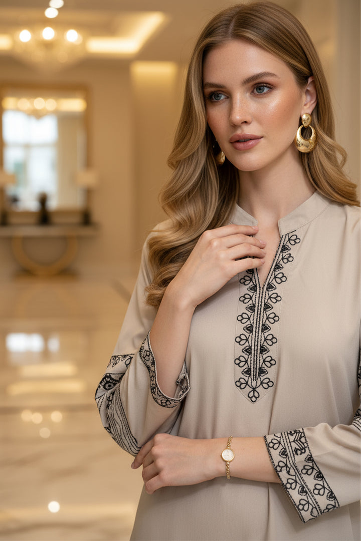 Beige Embroidered Co Ord Set