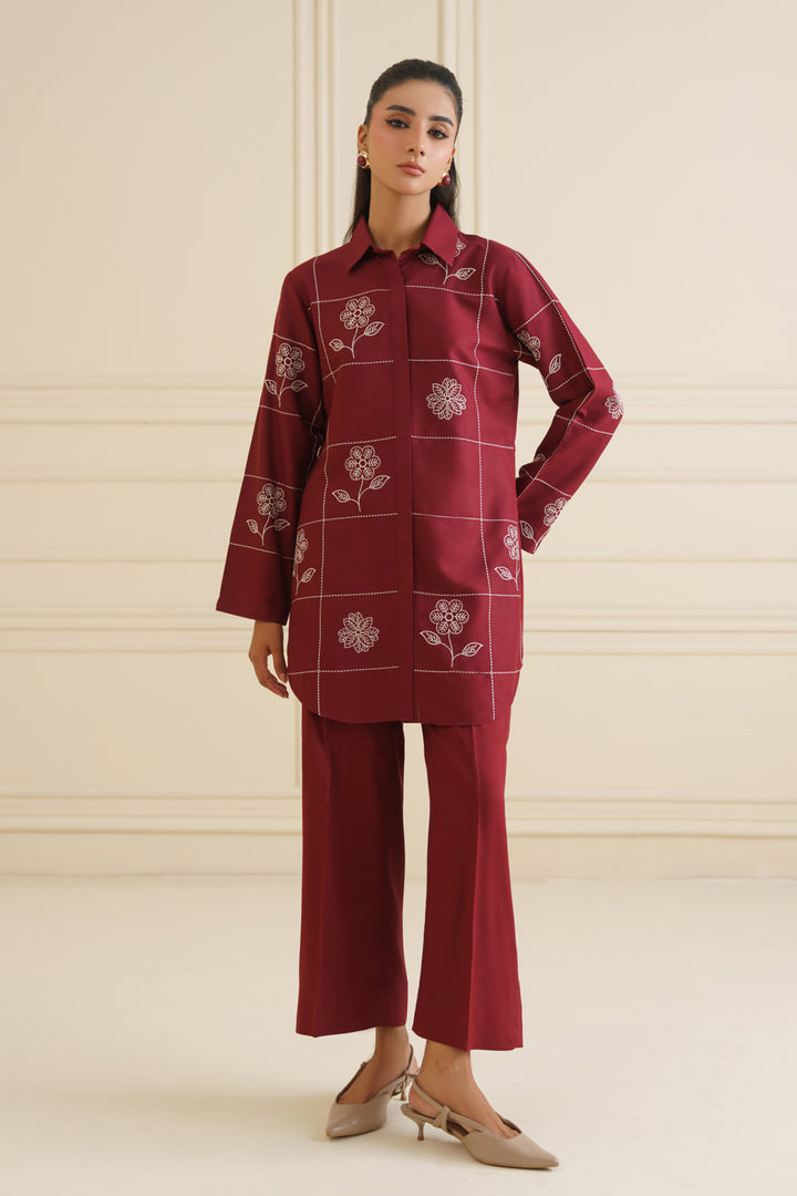 Maroon Embroidered Co Ord Set