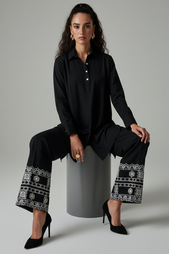 Black Embroidered Co Ord Set - 010