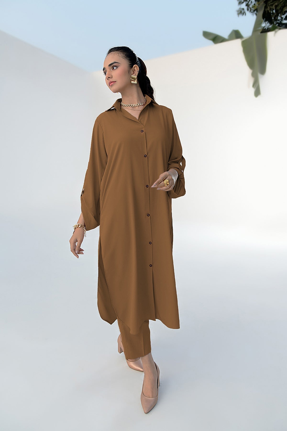 Desert Brown Buttoned Grip Dress - Peach Republic