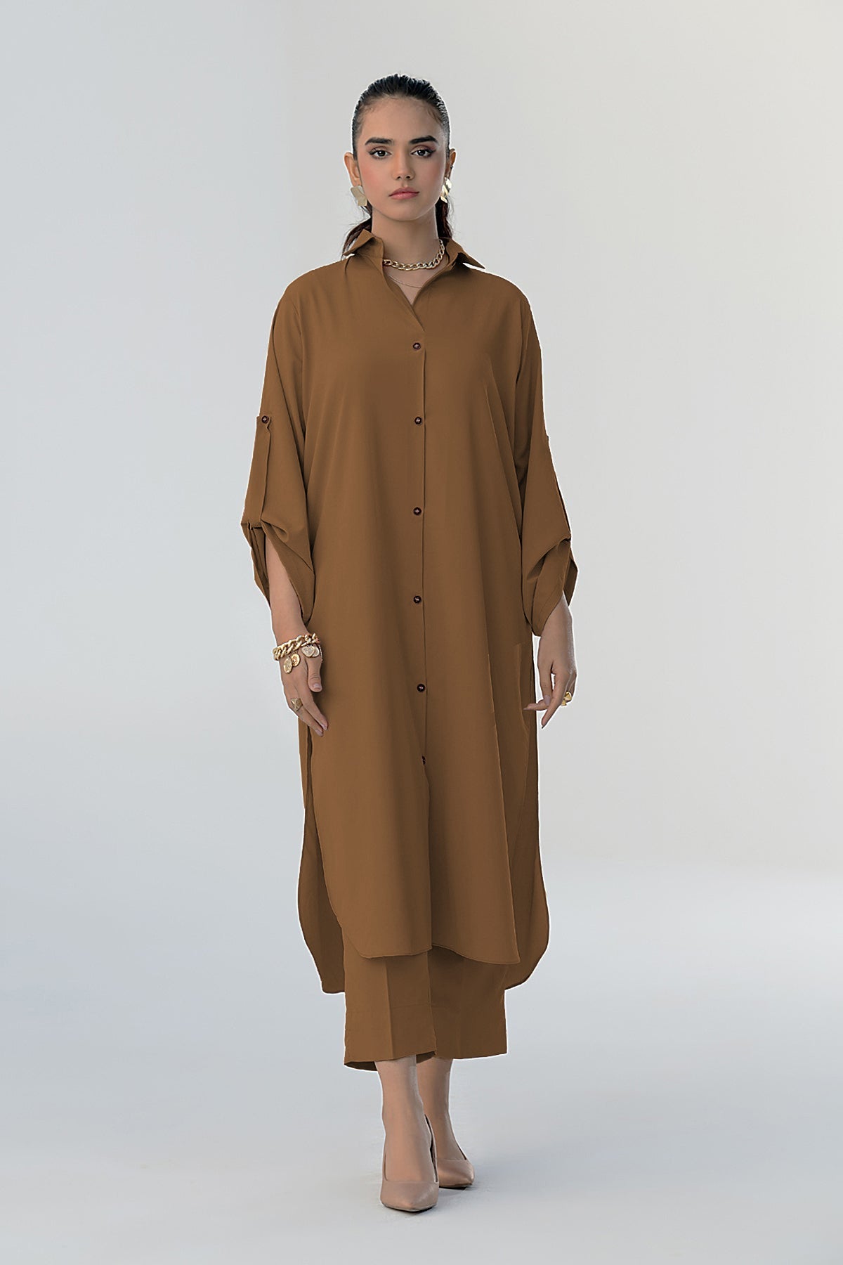 Desert Brown Buttoned Grip Dress - Peach Republic