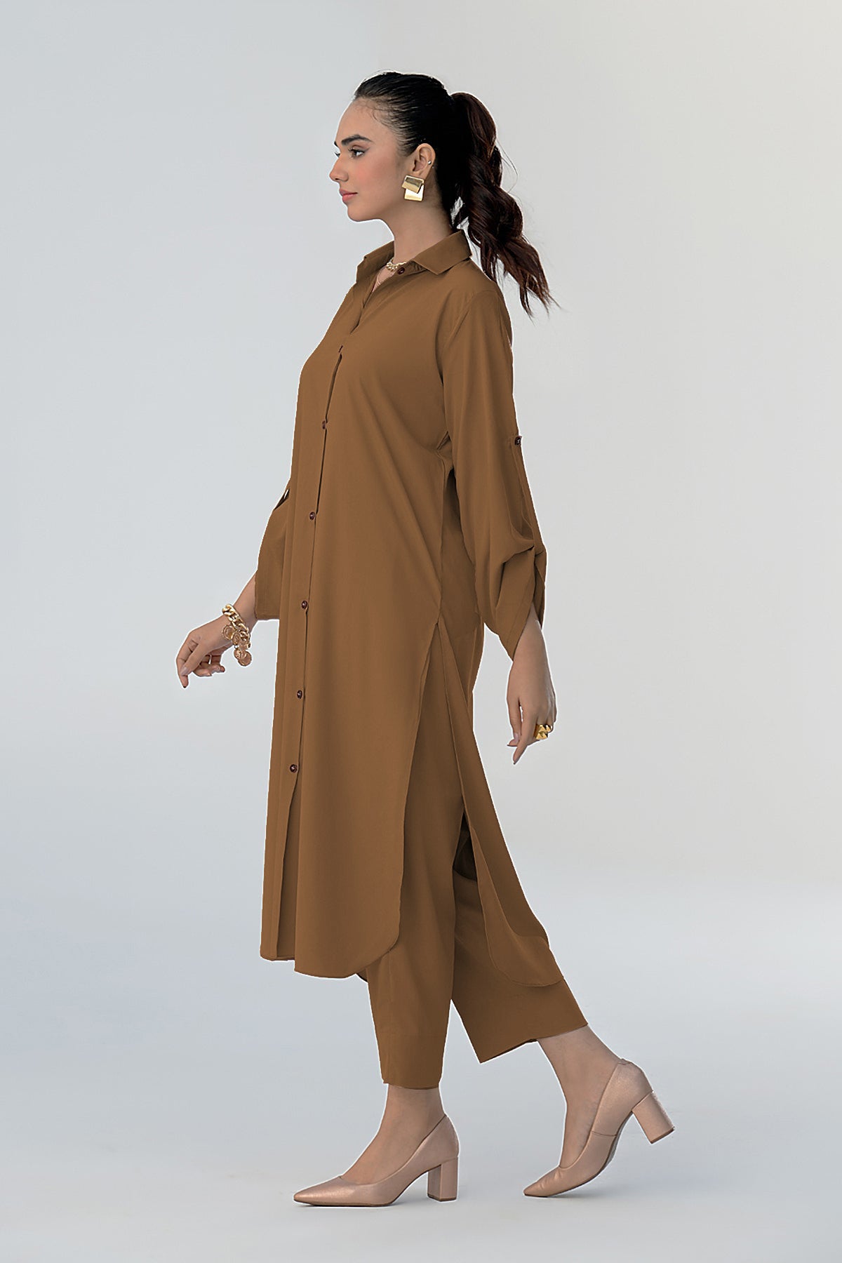 Desert Brown Buttoned Grip Dress - Peach Republic