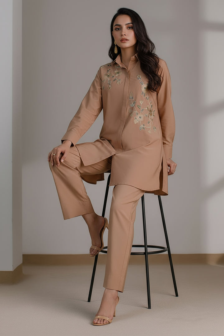Pastel Brown Embroidered Co Ord Set-02