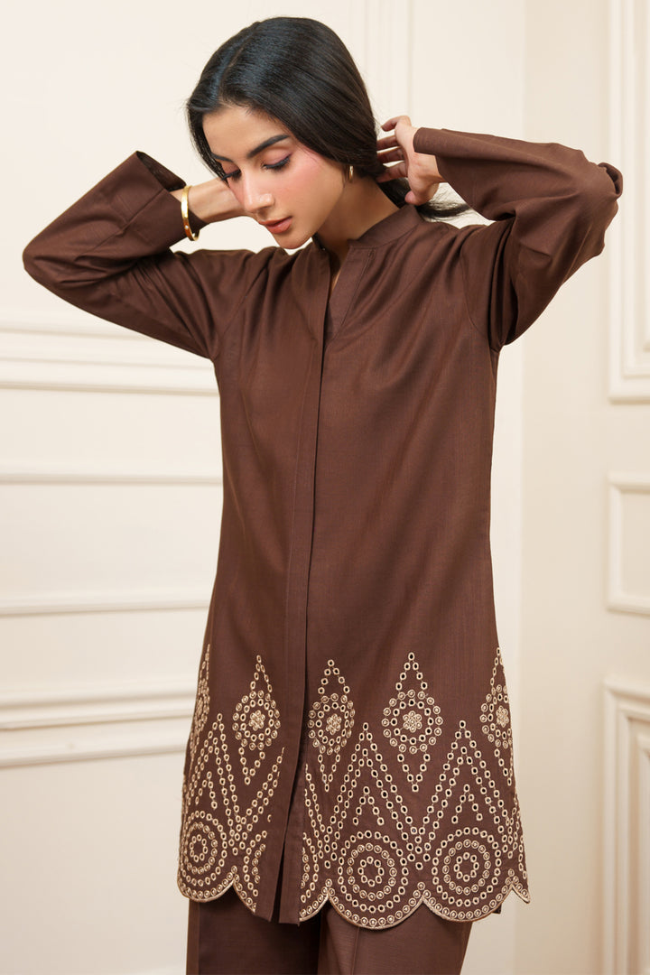 Dark Brown Embroidered Co Ord Set