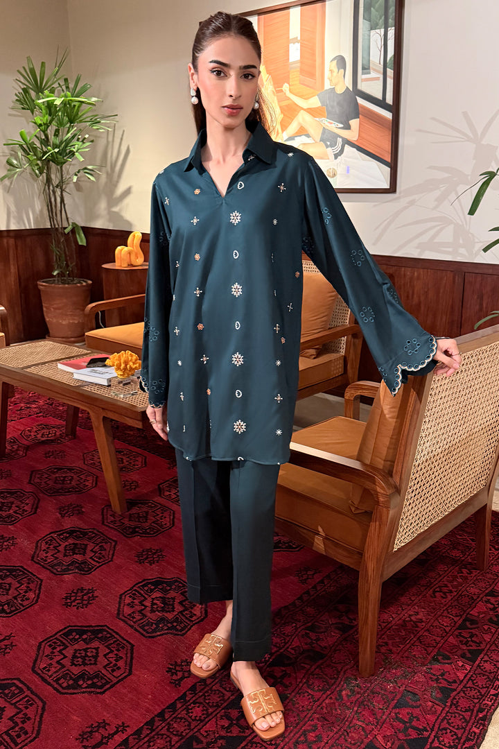 Bottle Green Embroidered Co Ord Set