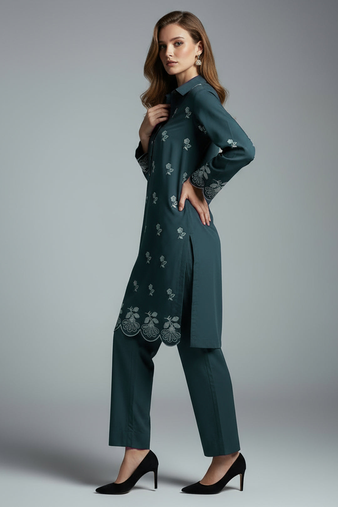 Teal Green Embroidered Co Ord Set