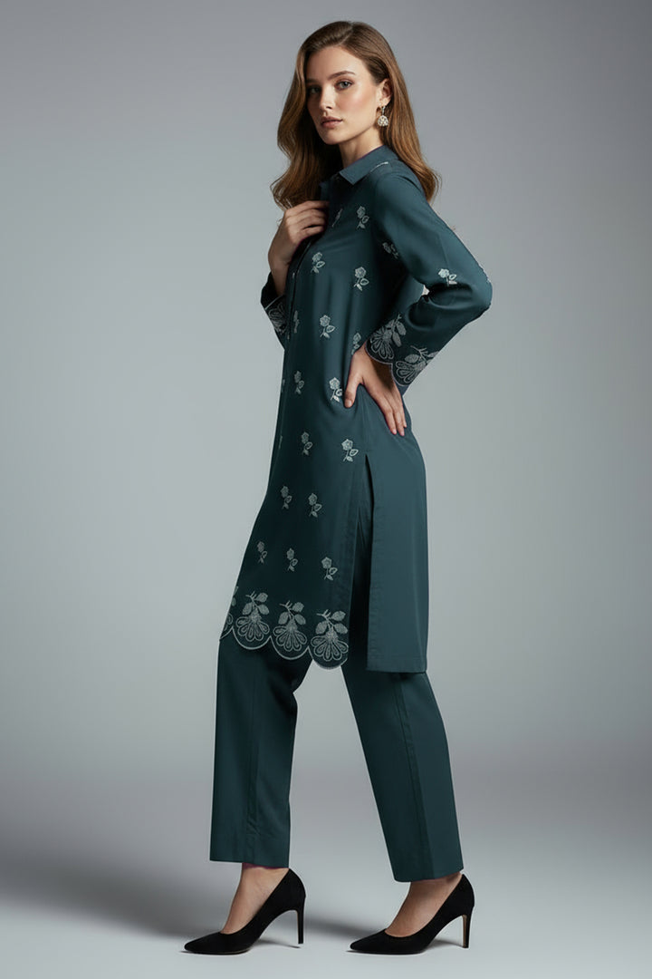 Teal Green Embroidered Co Ord Set