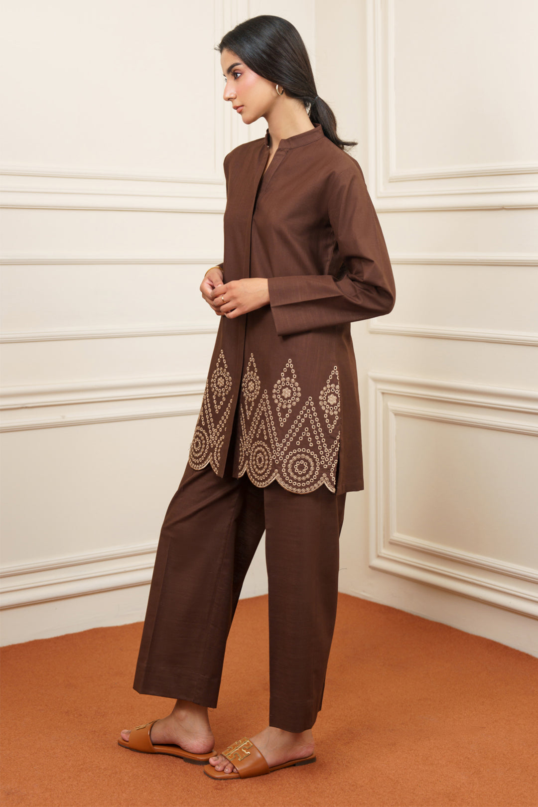 Dark Brown Embroidered Co Ord Set