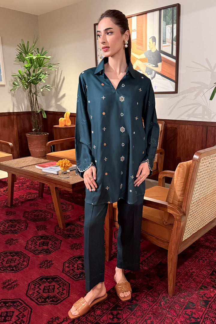 Bottle Green Embroidered Co Ord Set