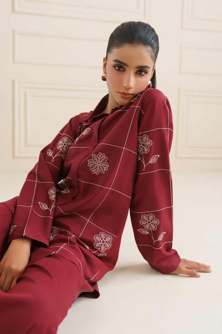 Maroon Embroidered Co Ord Set