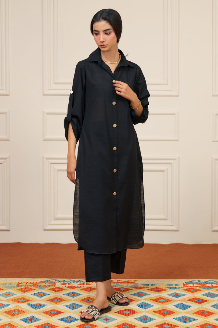 Black Khaddar Button down Dress