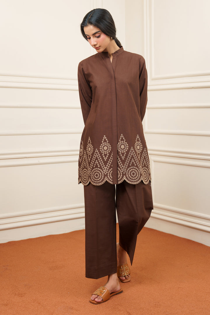 Dark Brown Embroidered Co Ord Set