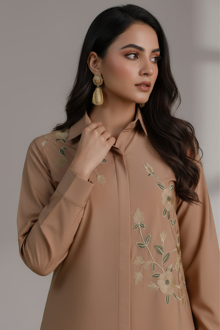 Pastel Brown Embroidered Co Ord Set-02