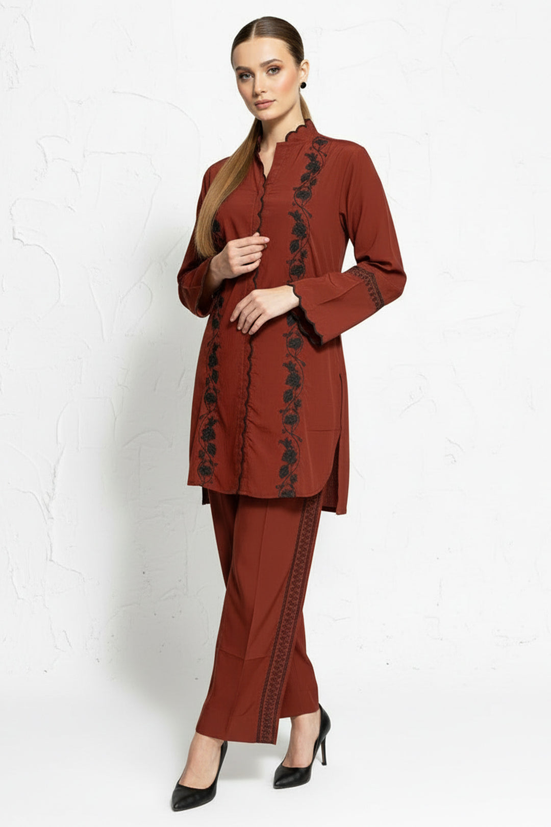 Rust Embroidered Co ord set -030