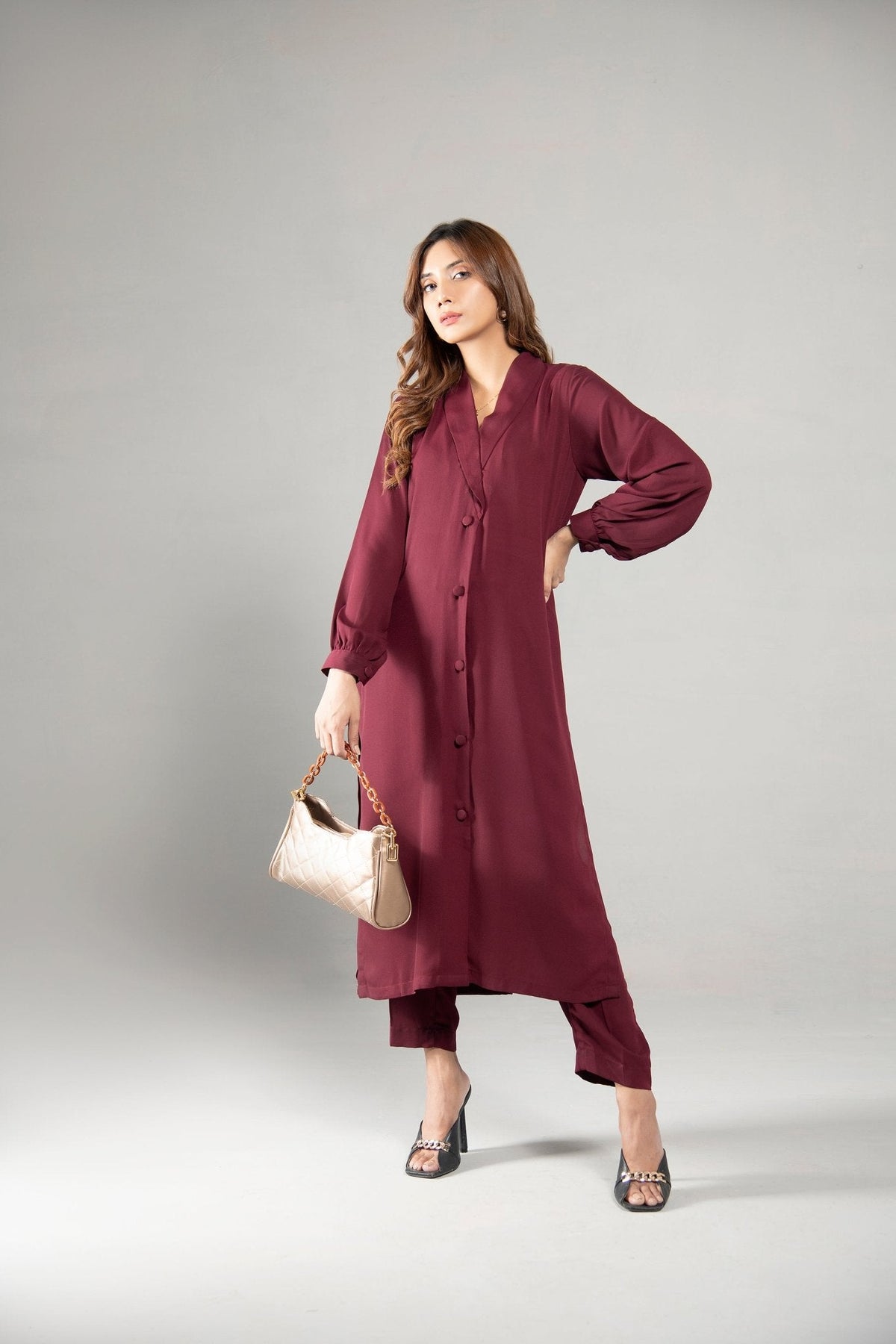 Elegant Collar Maroon Dress - 01 - Peach Republic