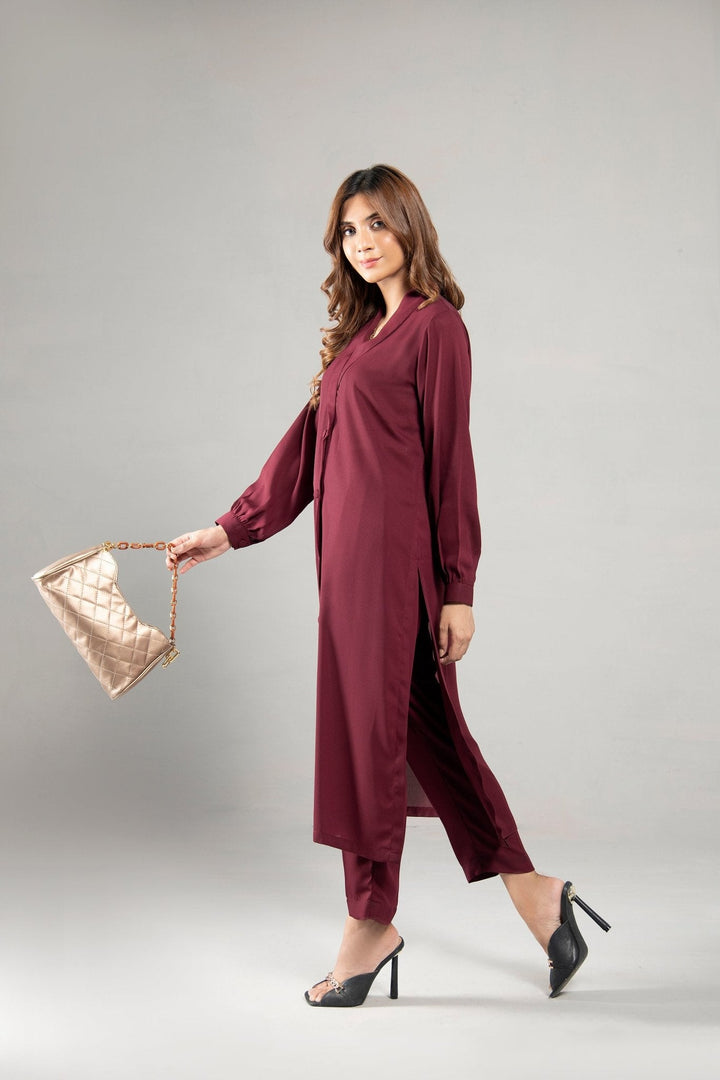 Elegant Collar Maroon Dress - 01 - Peach Republic