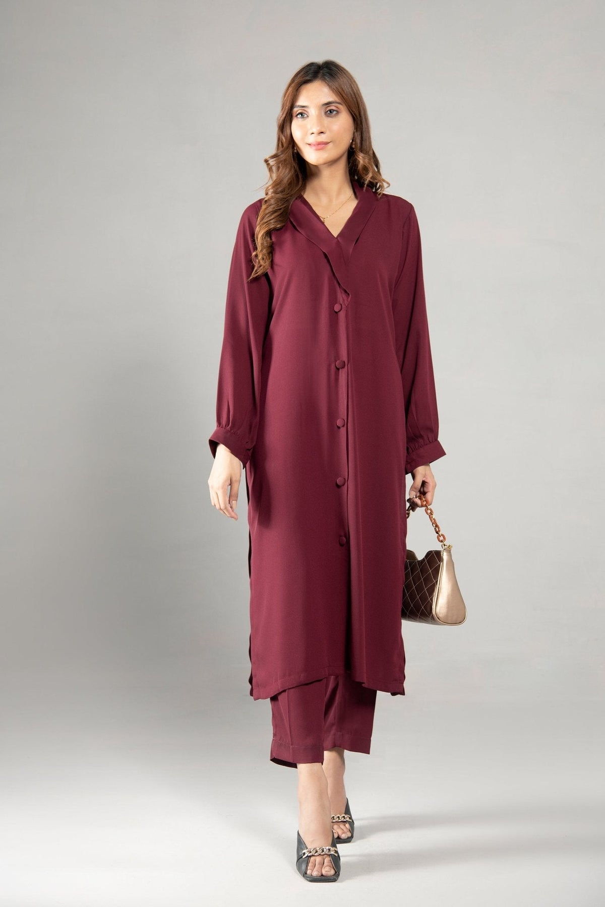 Elegant Collar Maroon Dress - 01 - Peach Republic