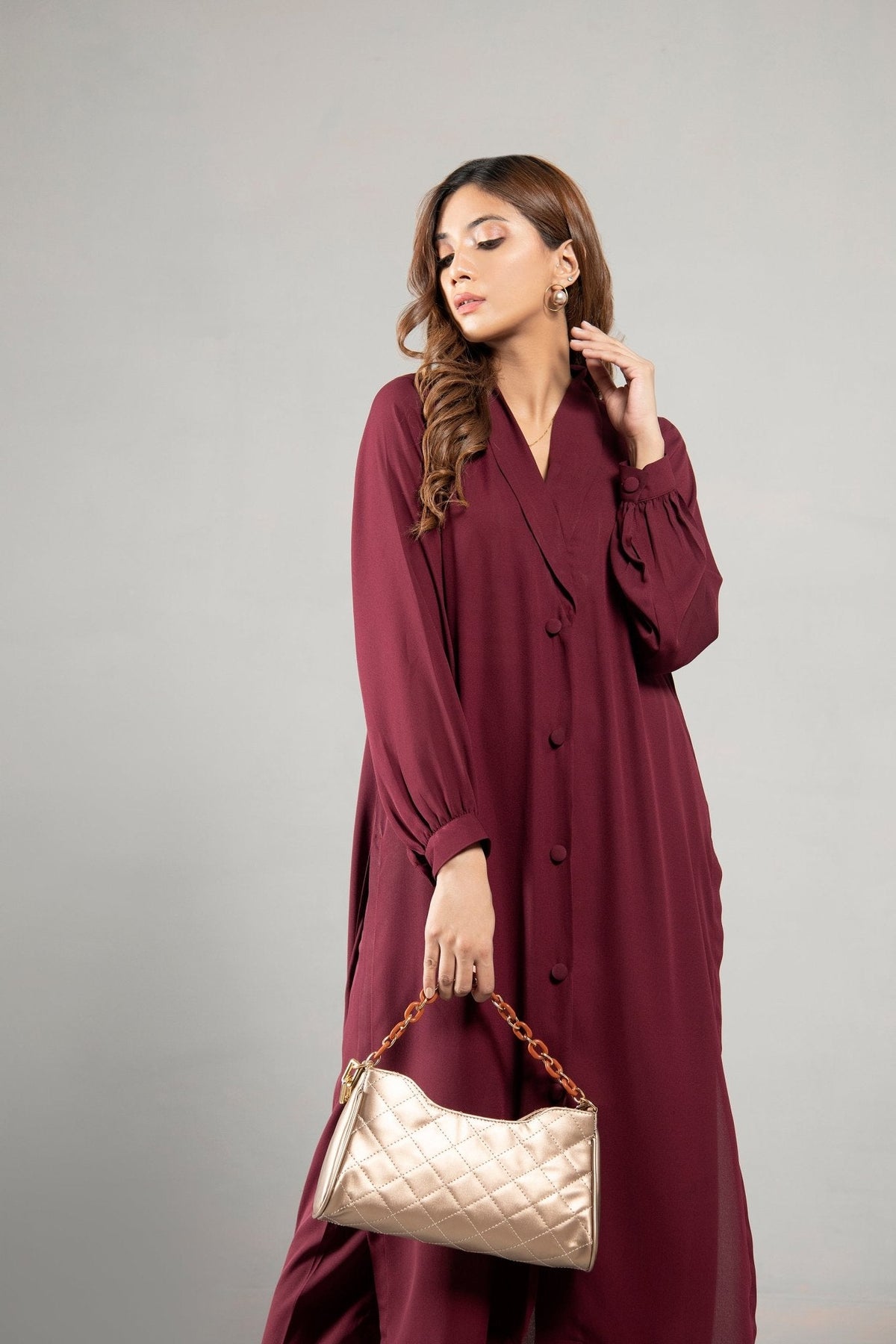 Elegant Collar Maroon Dress - 01 - Peach Republic