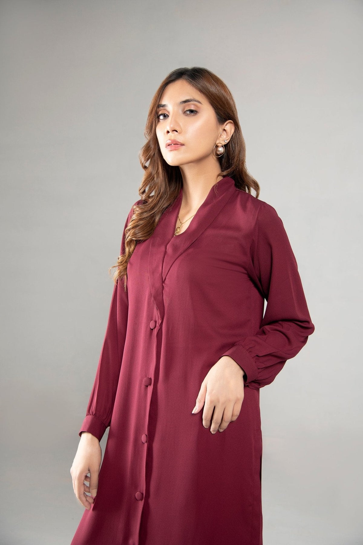 Elegant Collar Maroon Dress - 01 - Peach Republic