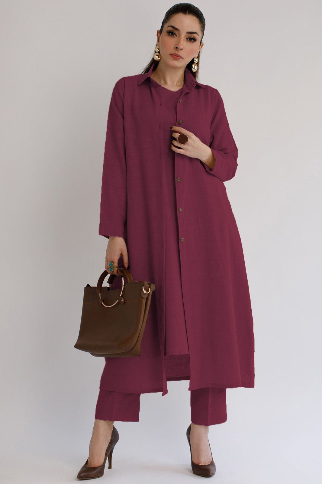 Elegant Collared Khaddar Dress - Peach Republic