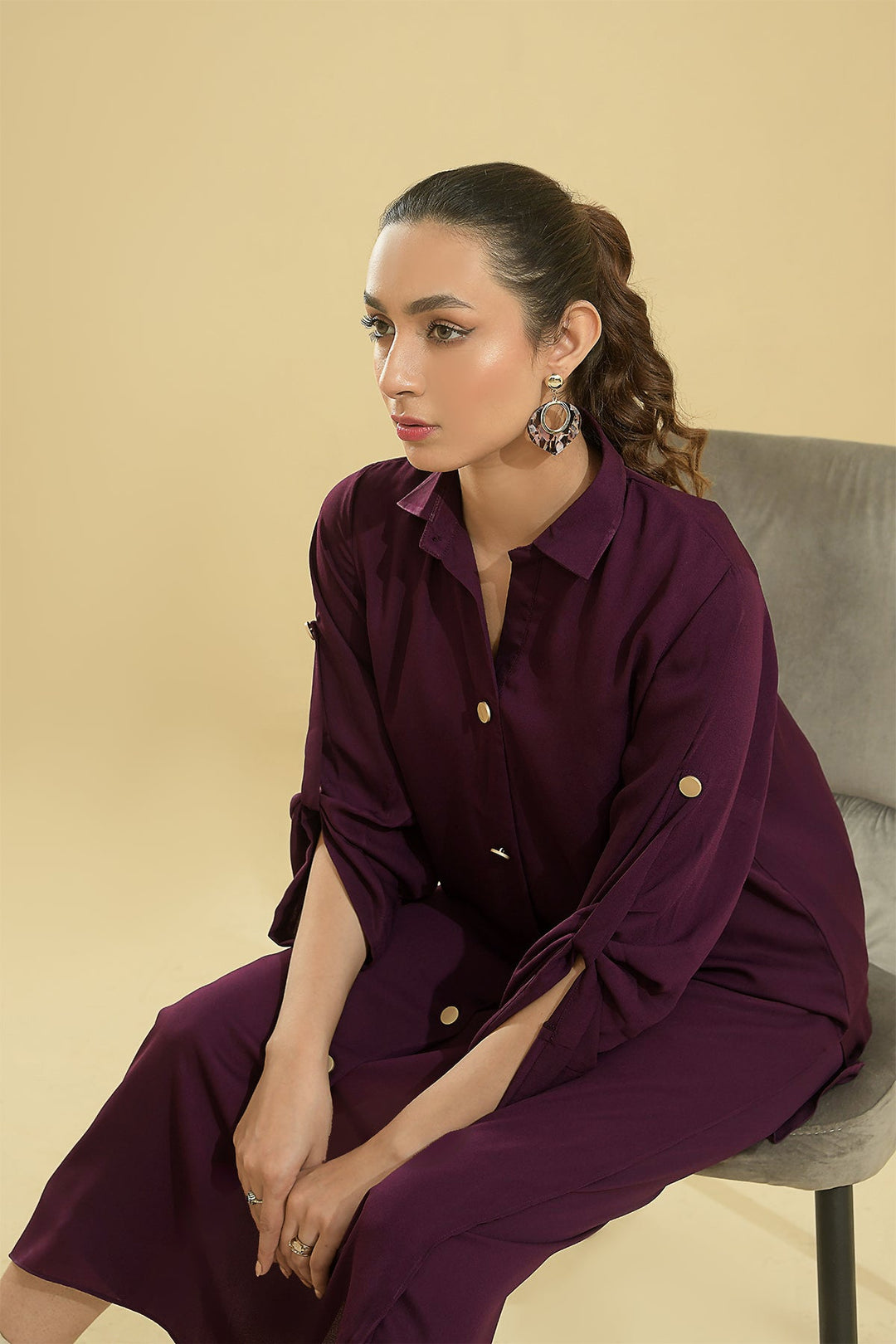 Elegant Purple Buttoned Grip Dress - Peach Republic