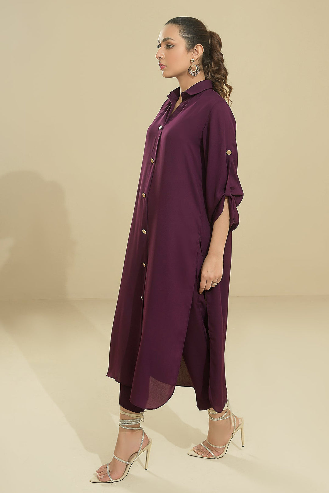 Elegant Purple Buttoned Grip Dress - Peach Republic