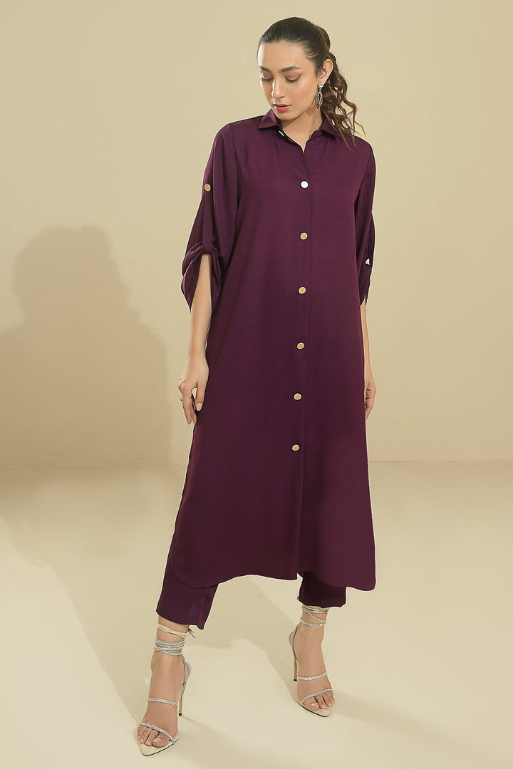 Elegant Purple Buttoned Grip Dress - Peach Republic