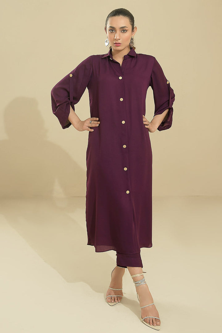 Elegant Purple Buttoned Grip Dress - Peach Republic