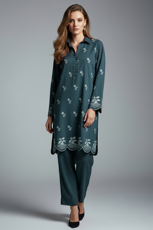 Teal Green Embroidered Co Ord Set