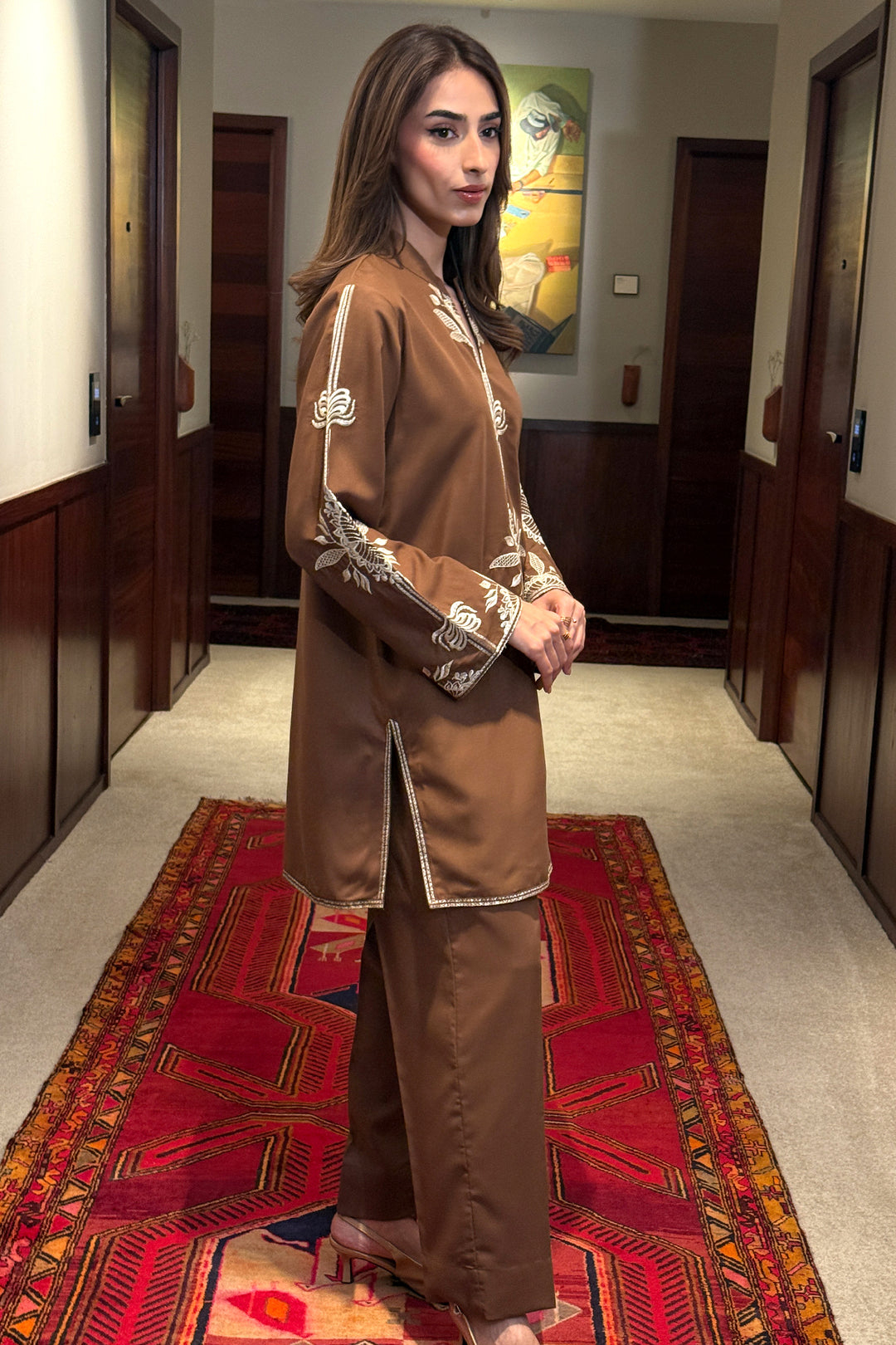 Brown Embroidered Co Ord Set