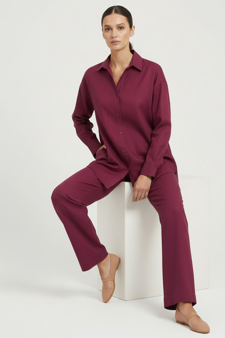 Maroon Button-Down Co Ord Set