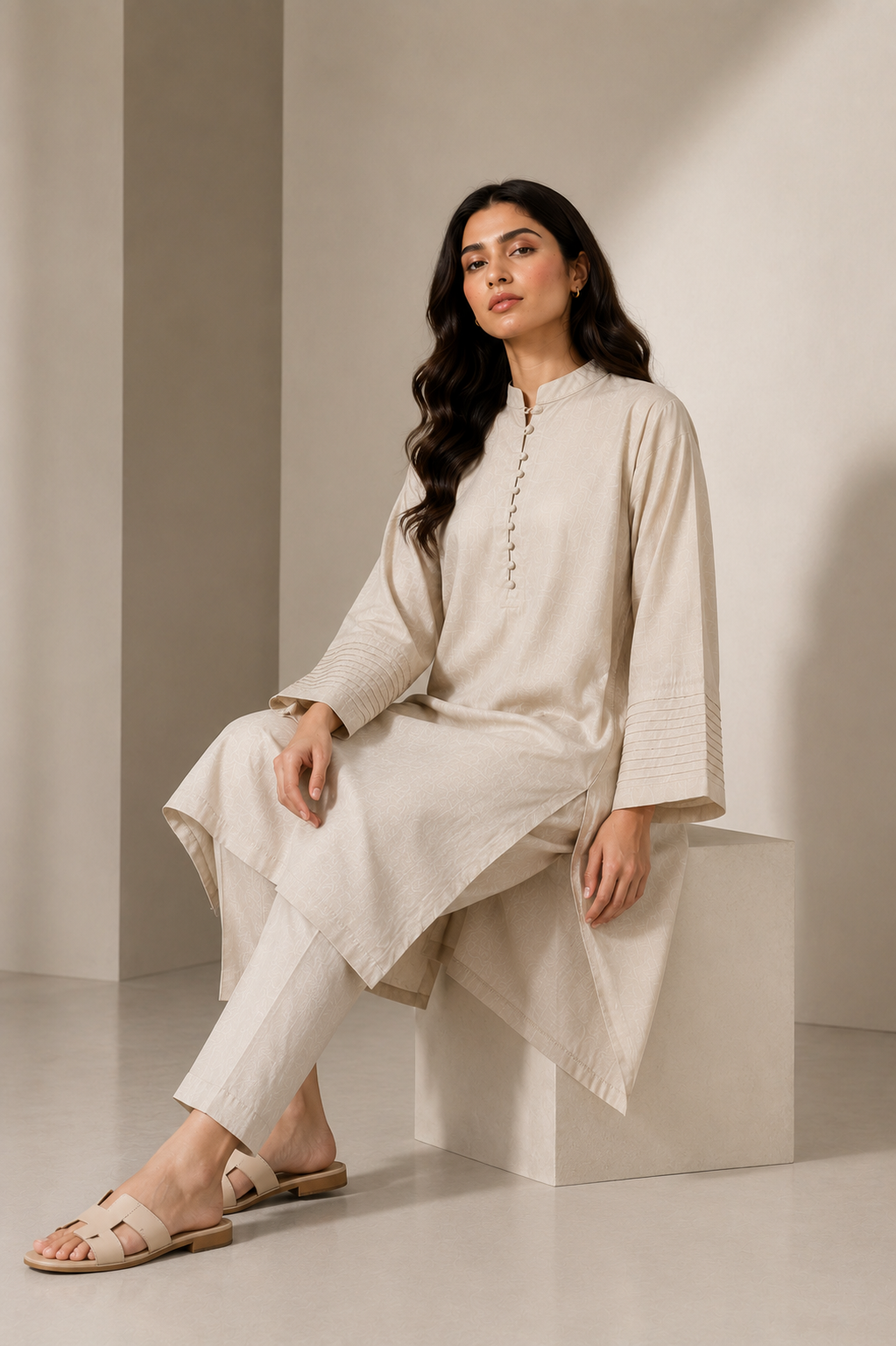 Beige Raw Silk Co-ord Set
