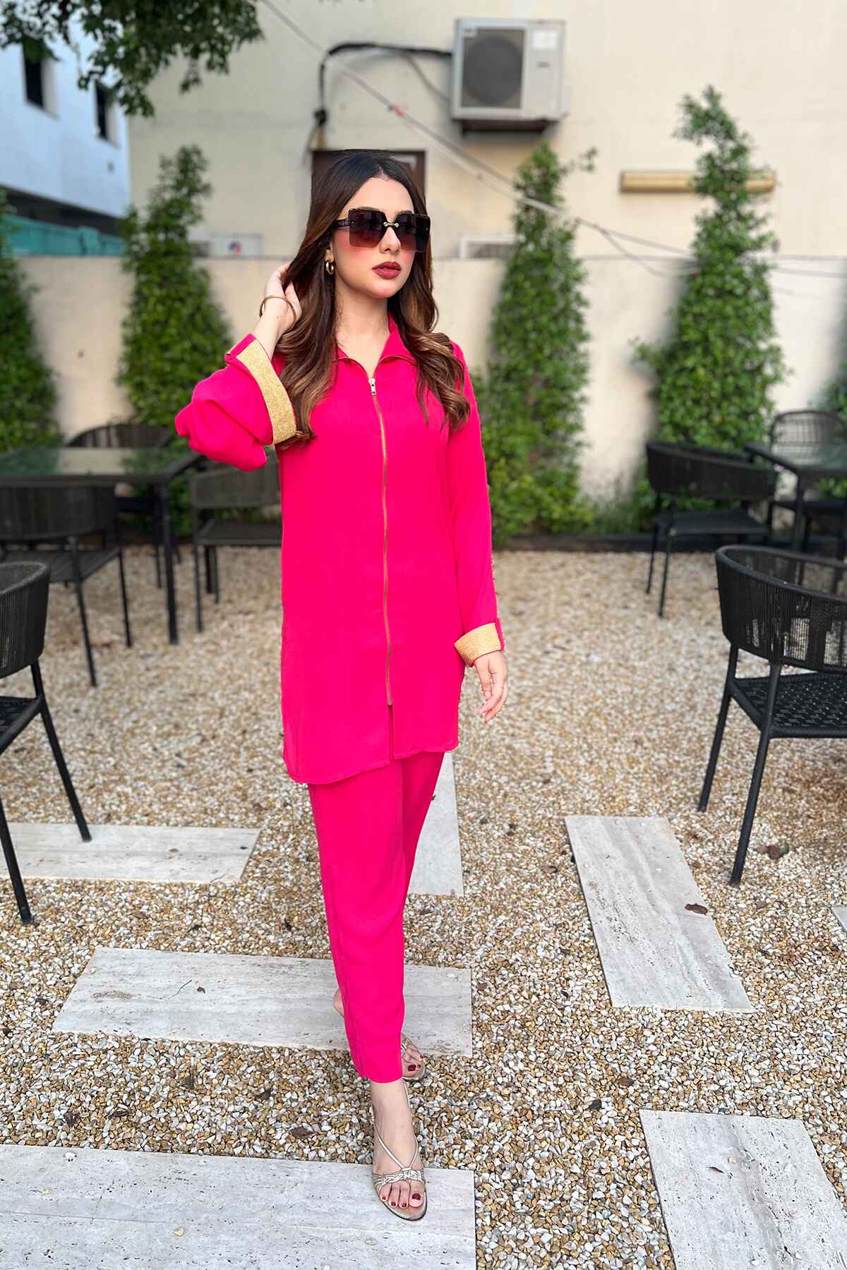 Hot Pink Zipper Crepe Dress - Peach Republic