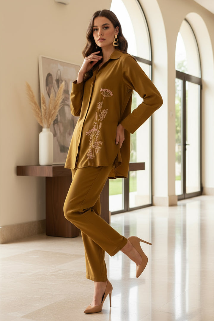 Caramel Embroidered Co ord set - 030