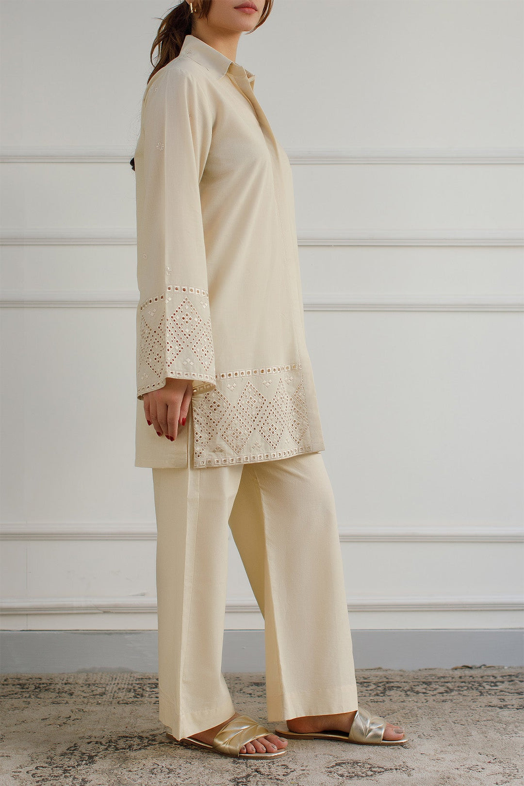 Ivory Schiffli Co Ord Set - Peach Republic