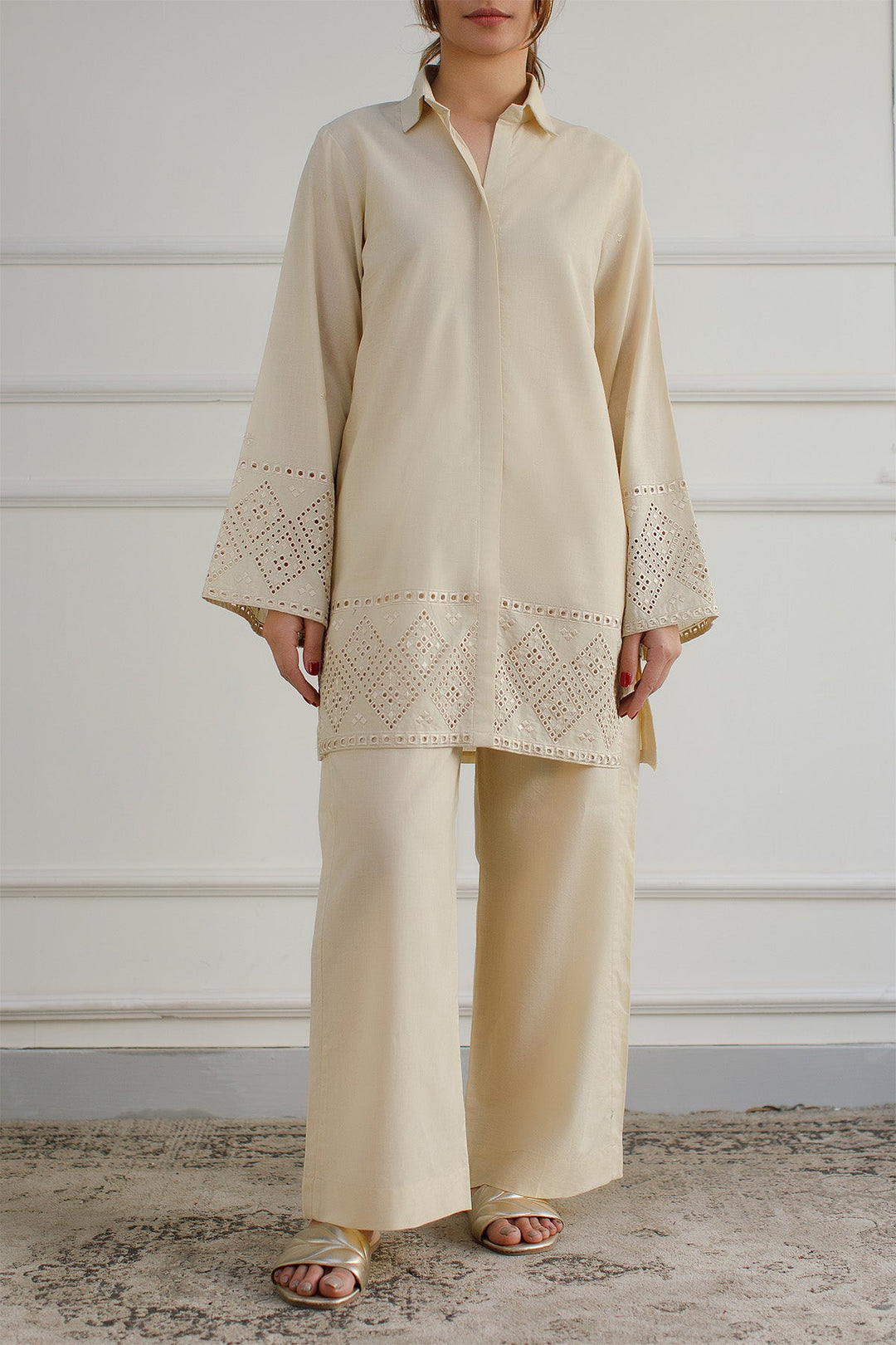 Ivory Schiffli Co Ord Set - Peach Republic