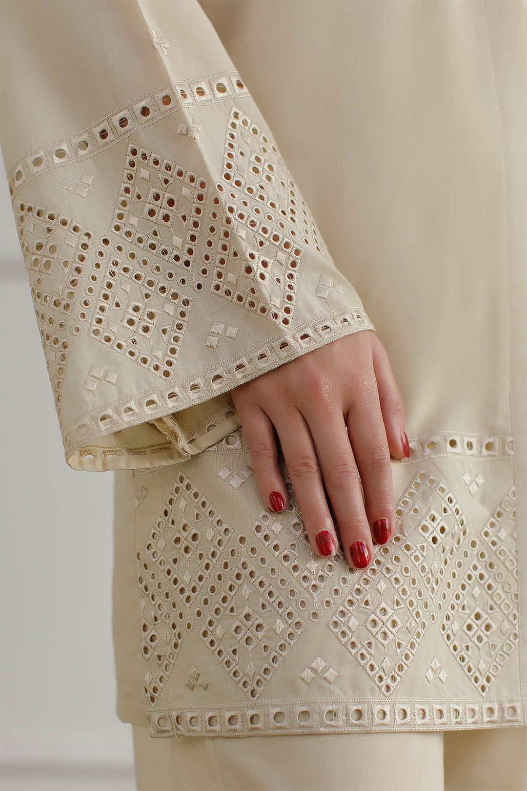 Ivory Schiffli Co Ord Set - Peach Republic