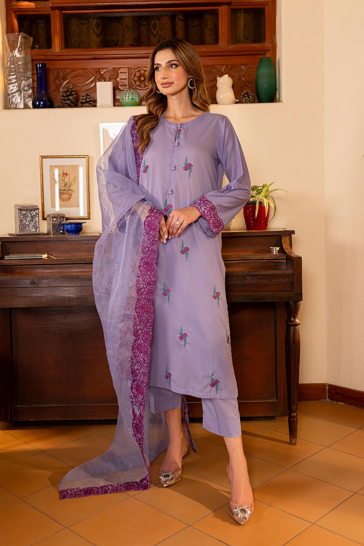 Lilac Embroidered Suit - Peach Republic