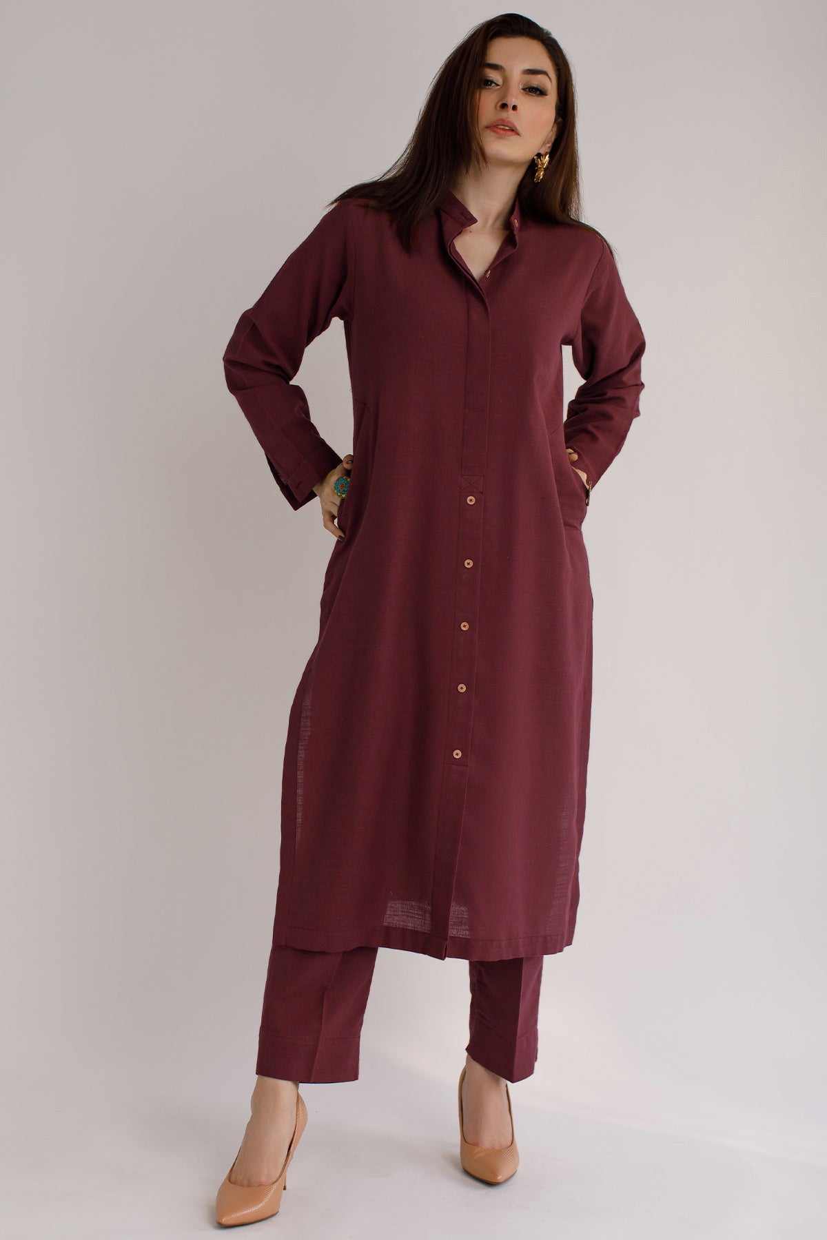 Maroon Cambric Dress - 01 - Peach Republic