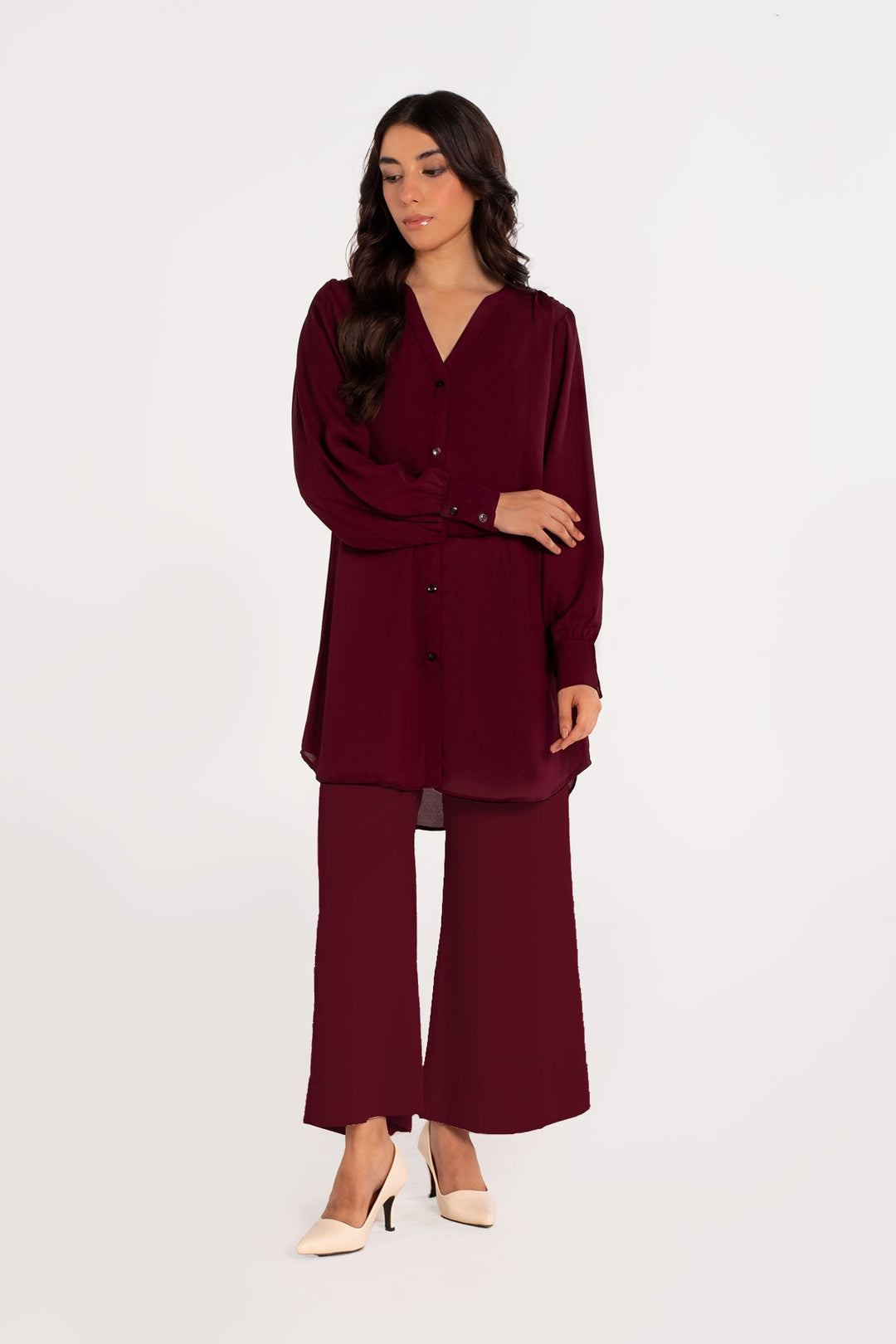 Maroon Crepe Co Ord Set - 01 - Peach Republic