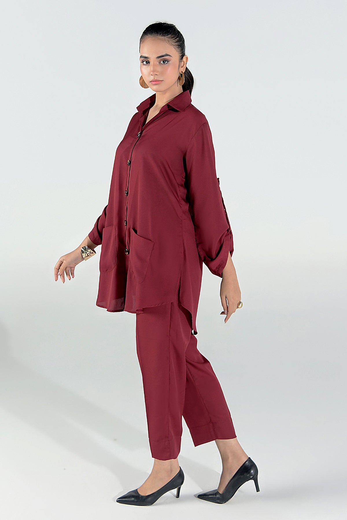 Maroon Crepe Tunic Dress - Peach Republic