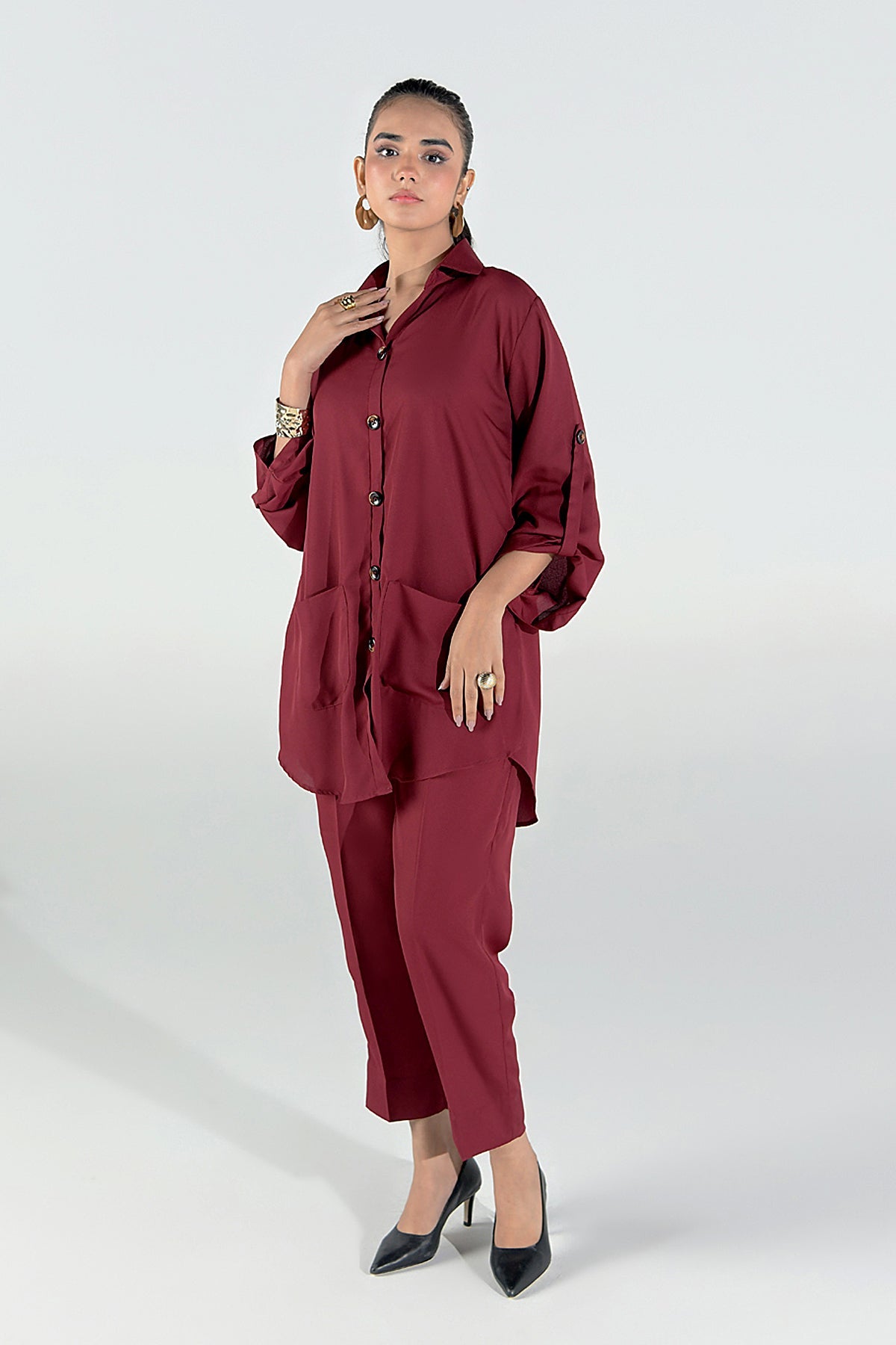 Maroon Crepe Tunic Dress - Peach Republic